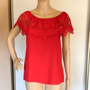 Red lace off the shoulder top